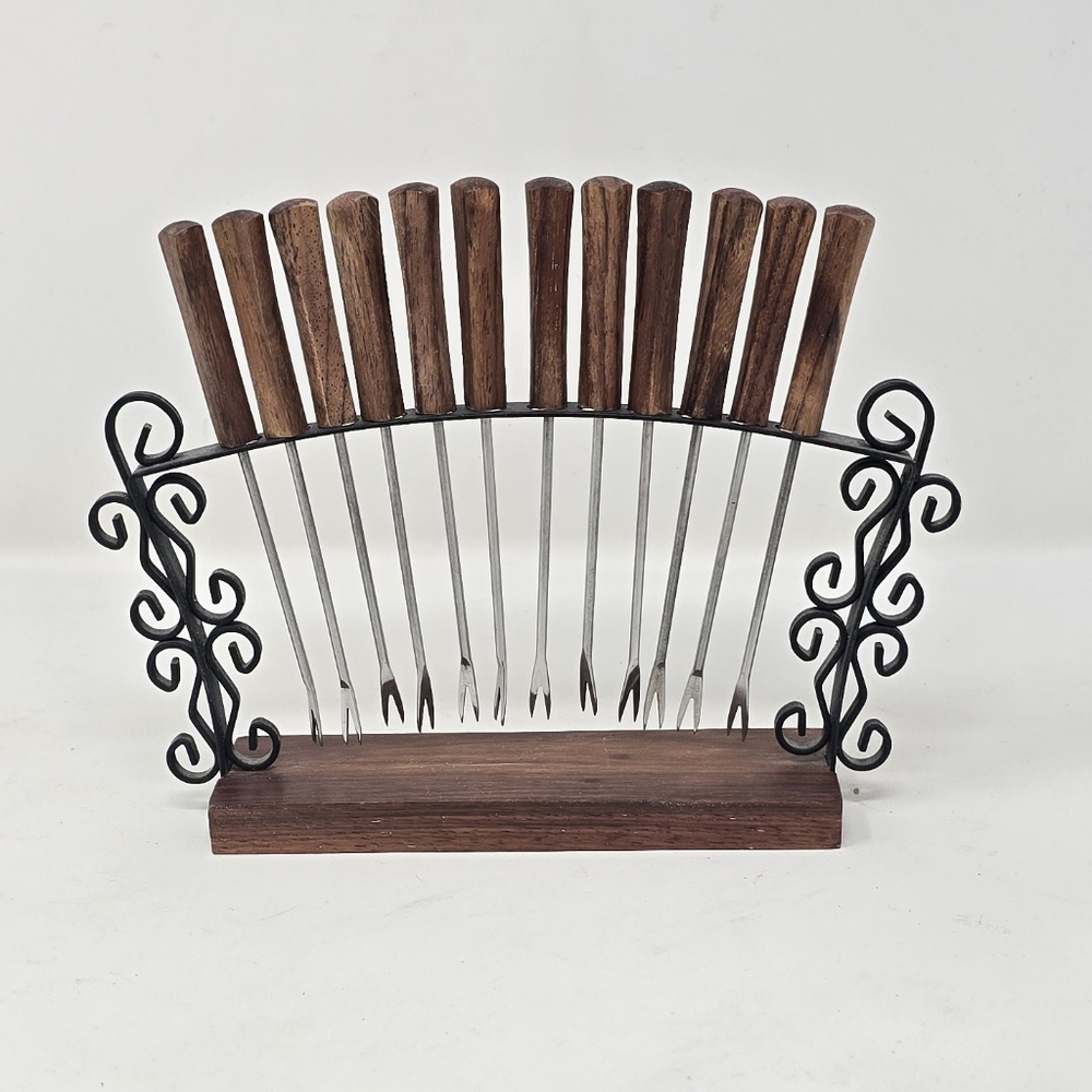 Vtg MCM 12 rosewood handle appetizer cheese cocktail forks picks w/stand Japan